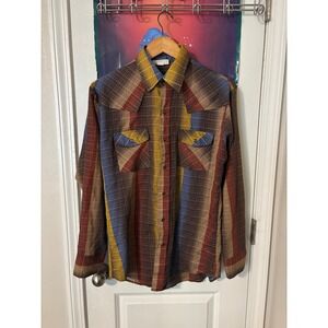 Vintage Western Pearl Snap Shirt Mens Ombre Stripe Plaid Multi-Color 60s XL